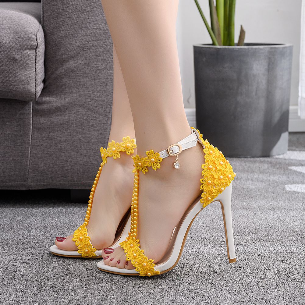 Women's slim stiletto fish mouth Roman open-toe sandals beaded sexy high-heeled wedding shoes 37