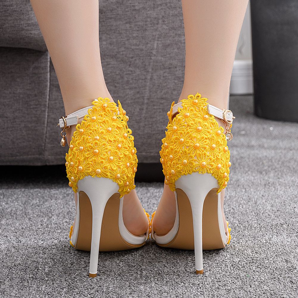 Women's slim stiletto fish mouth Roman open-toe sandals beaded sexy high-heeled wedding shoes 37