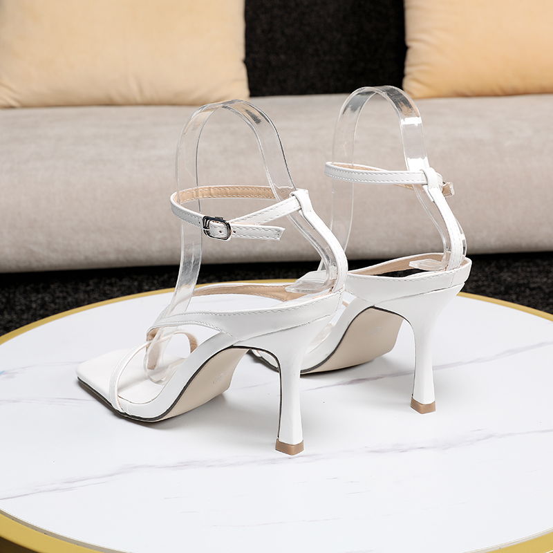 Women's summer high heeled sandals buckle belt thin heeled sandals women's Shoes White Black Size 38
