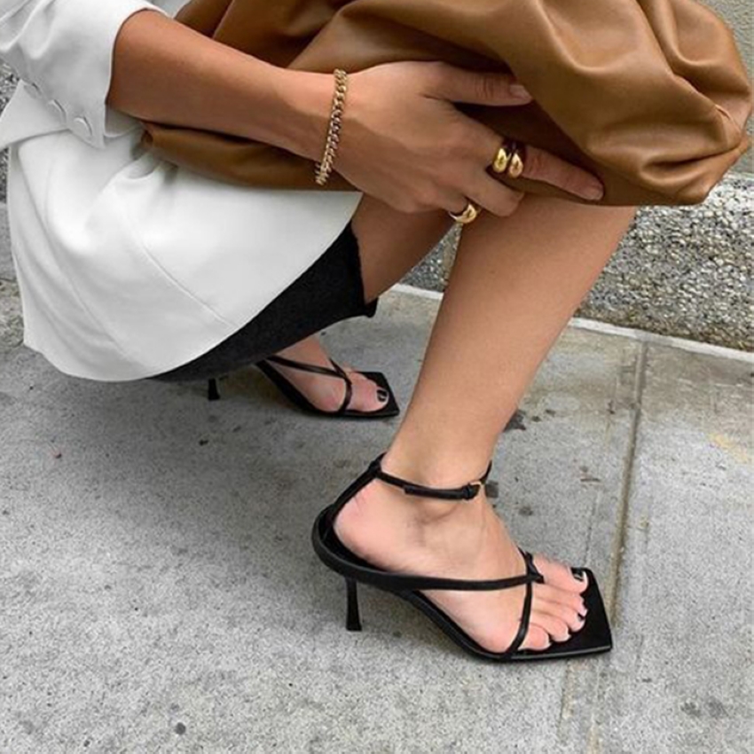 Women's summer high heeled sandals buckle belt thin heeled sandals women's Shoes White Black Size 38