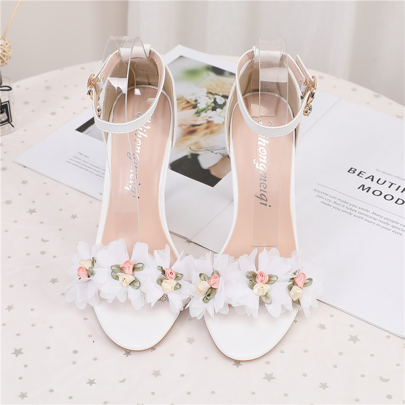Limited time sales fashion high heel sandals white button shoes Roman shoes flowers