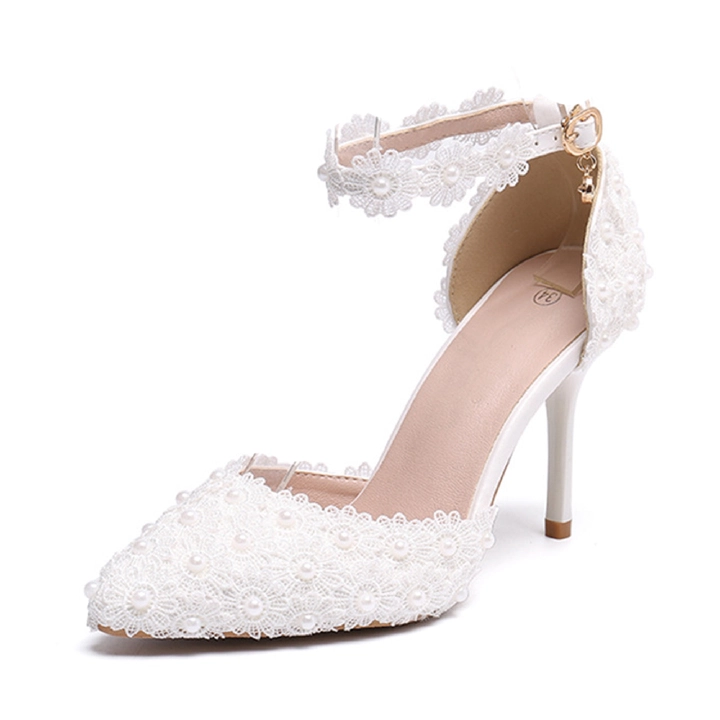 Women's spot lace Pearl tip bride wedding shoe buckle shallow banquet shoes white 34-43