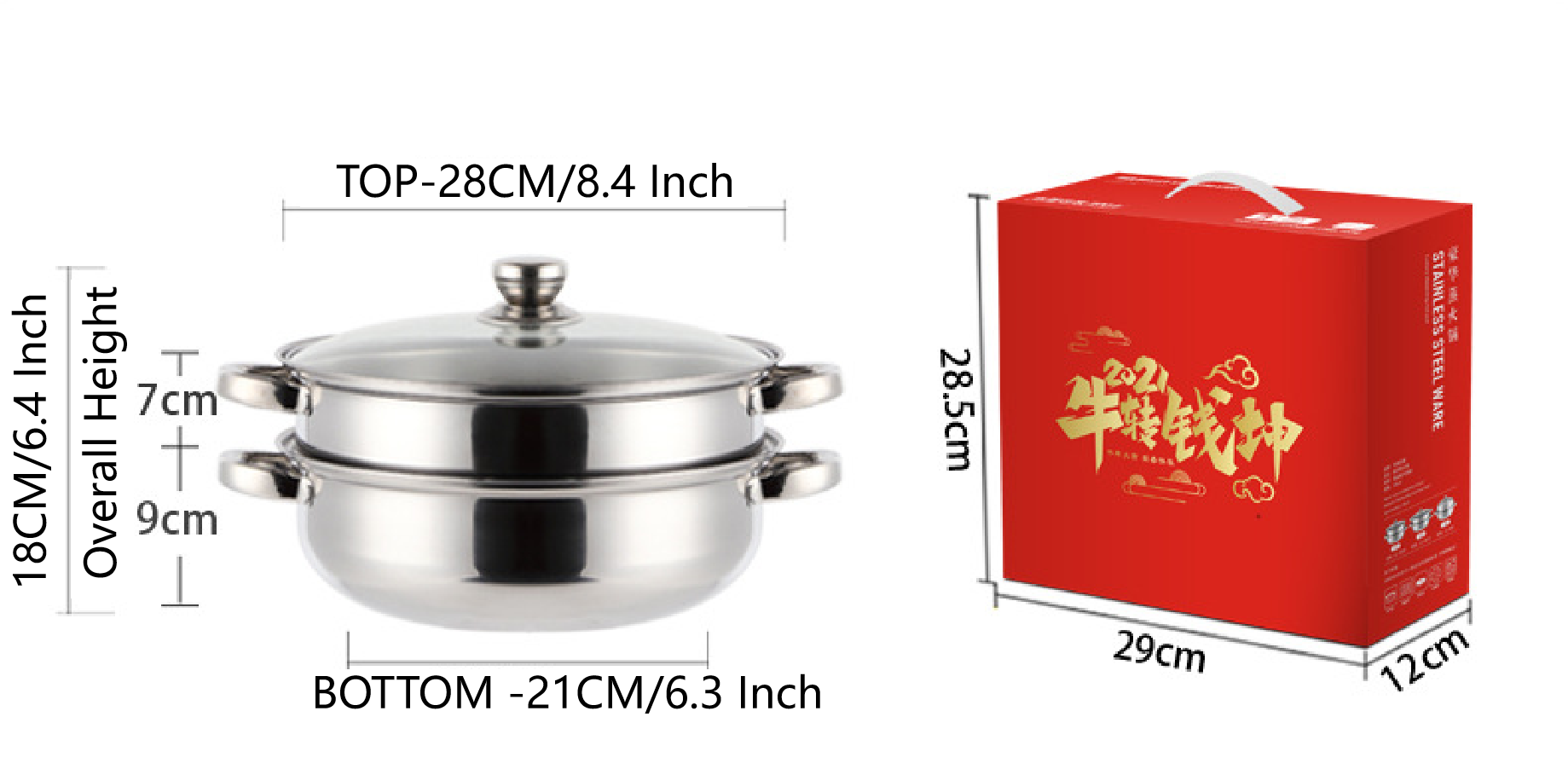 HW Thicken Stainless Steel 28CM Steamer Double layer 8.4 inch; Soup Boiler Lid Pot Set Cookware Pan Wok