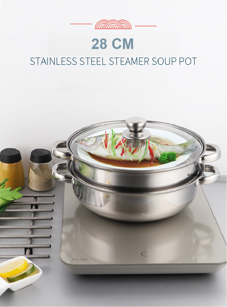 HW Thicken Stainless Steel 28CM Steamer Double layer 8.4 inch; Soup Boiler Lid Pot Set Cookware Pan Wok