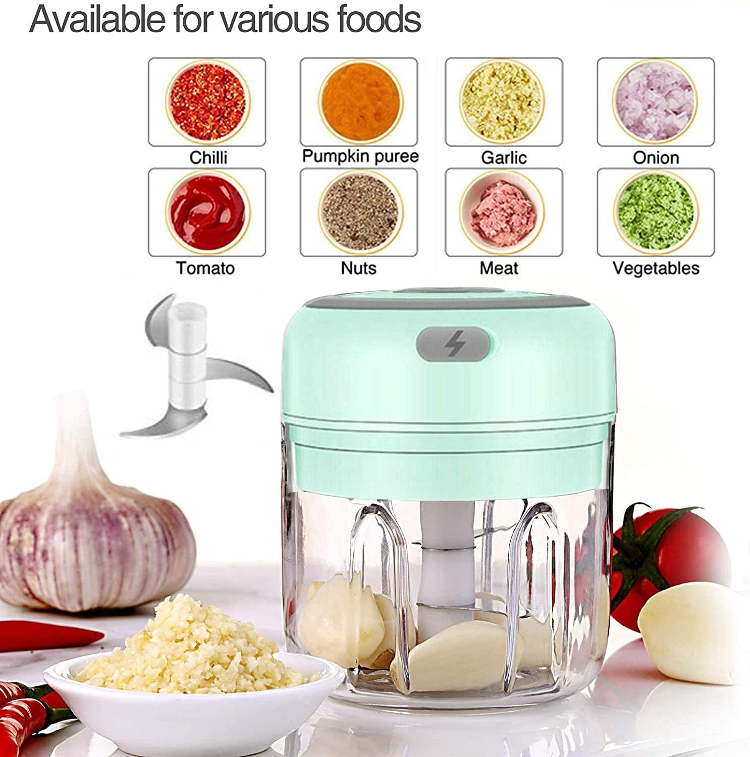 HW  Wireless Electric Mini Garlic Chopper Machine(250ML), USB Kitchen Food Processor with 3 Blades