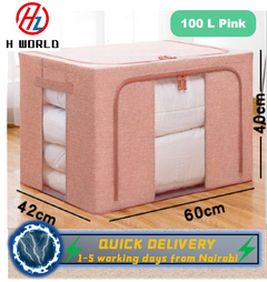 HW Big Capacity Waterproof Linen Fabric Storage Foldable Container Toys Clothes Quilts Organization 100L Pink