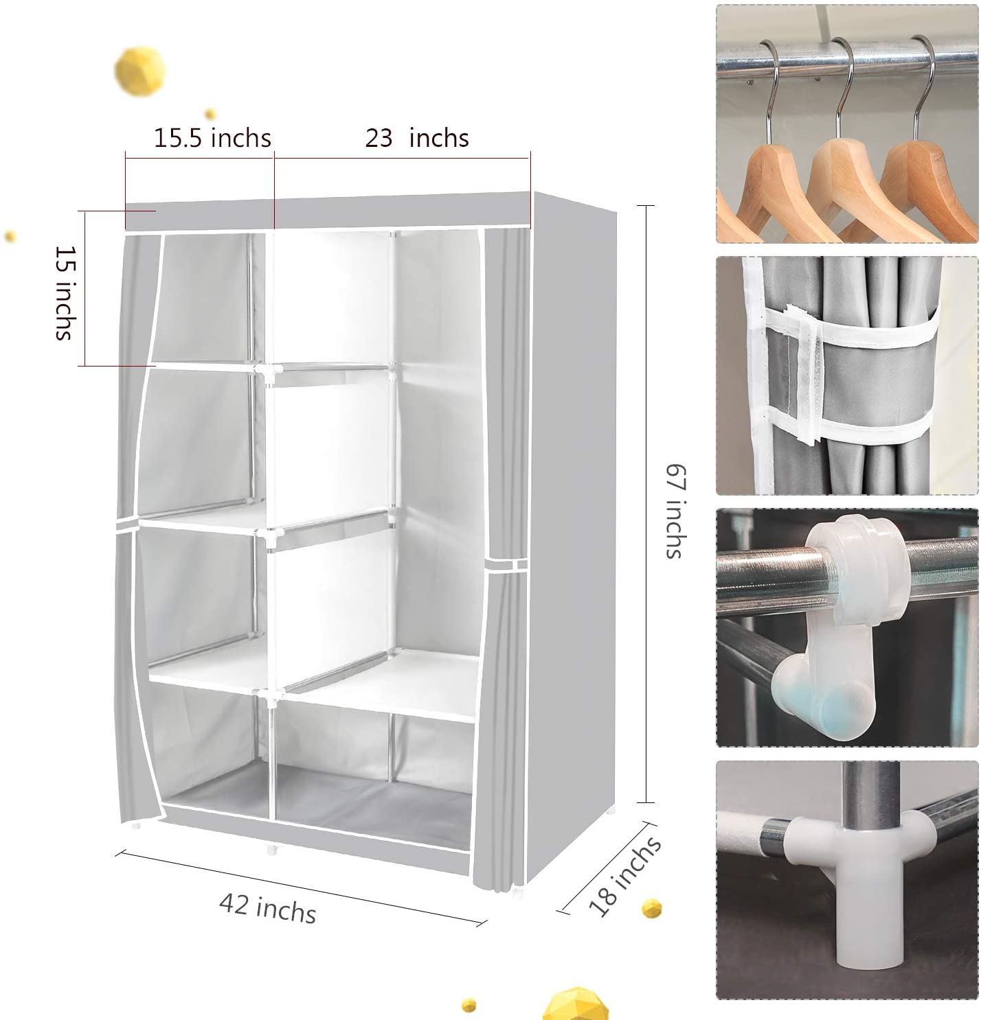 HW Closet Organizer Wardrobe Clothes Storage Shelves, Non-Woven Fabric Cover 41.3 x17.7 x66.9 inches