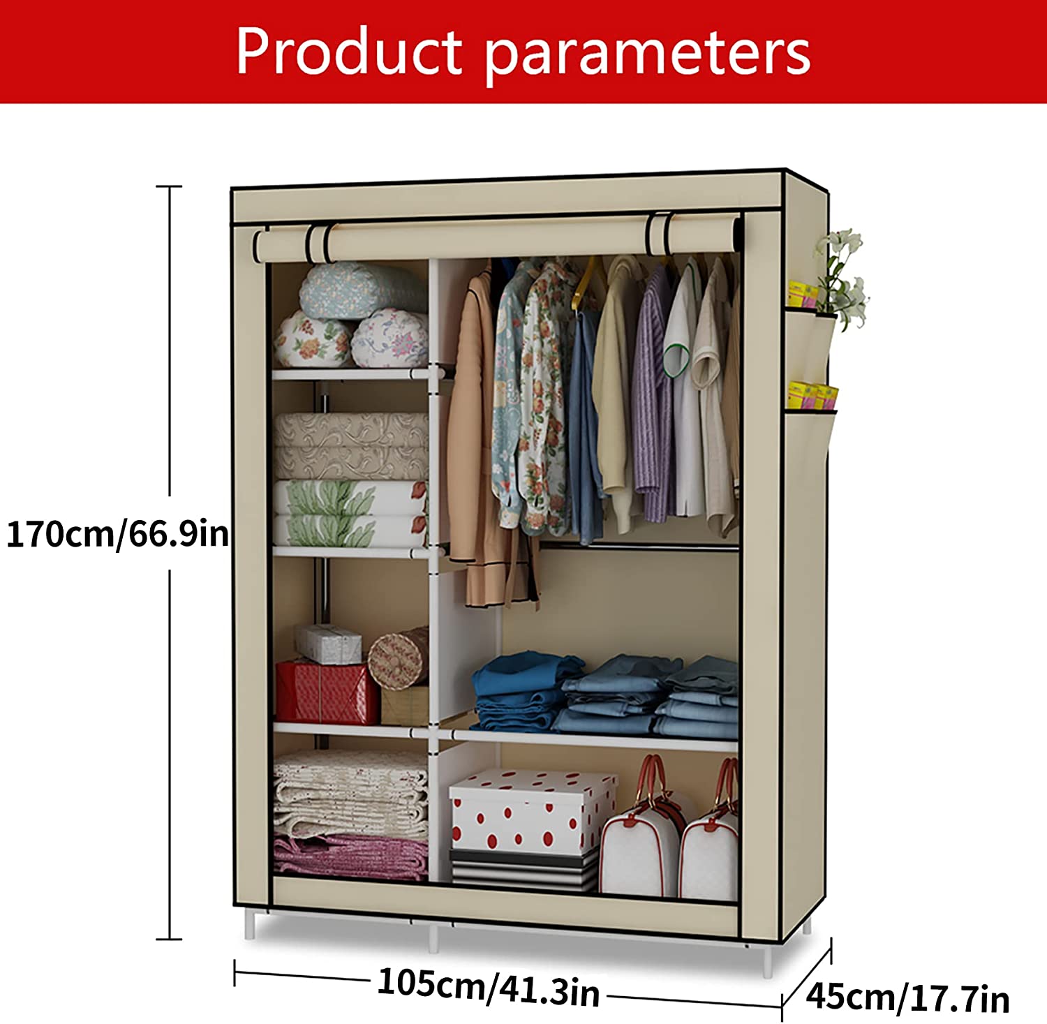 HW Closet Organizer Wardrobe Clothes Storage Shelves, Non-Woven Fabric Cover 41.3 x17.7 x66.9 inches