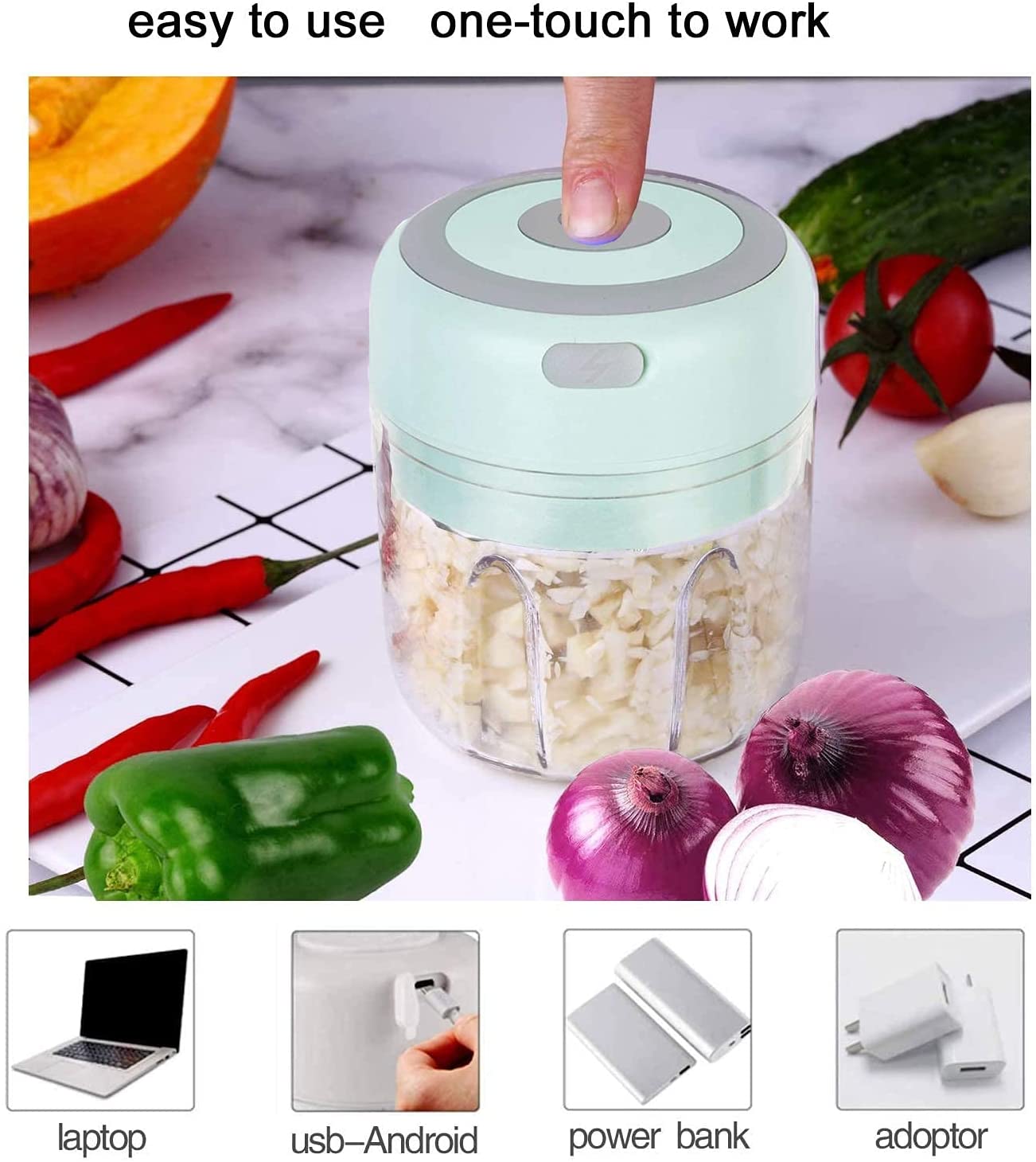 HW  Wireless Electric Mini Garlic Chopper Machine(250ML), USB Kitchen Food Processor with 3 Blades