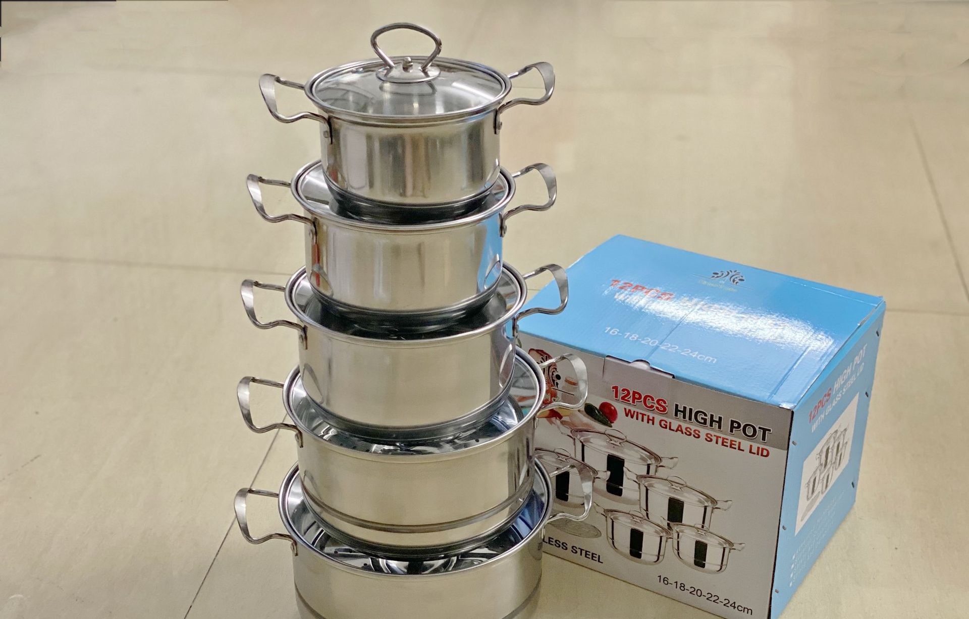HW Stainless Steel 065MM Extra Thick 12 Pieces Set 16-18-20-22-24CM Pot Steamer Slice Sets Pots Lid Pan