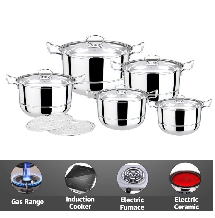 HW Stainless Steel 065MM Extra Thick 12 Pieces Set 16-18-20-22-24CM Pot Steamer Slice Sets Pots Lid Pan