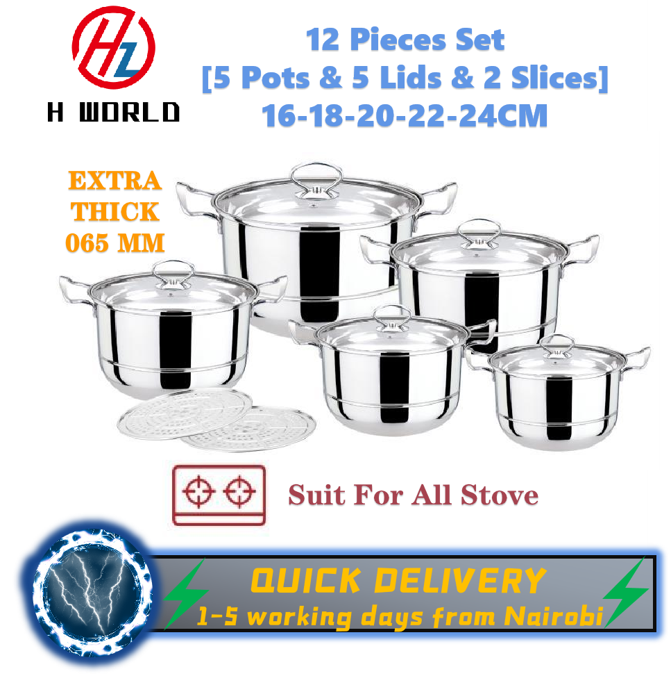 HW Stainless Steel 065MM Extra Thick 12 Pieces Set 16-18-20-22-24CM Pot Steamer Slice Sets Pots Lid Pan