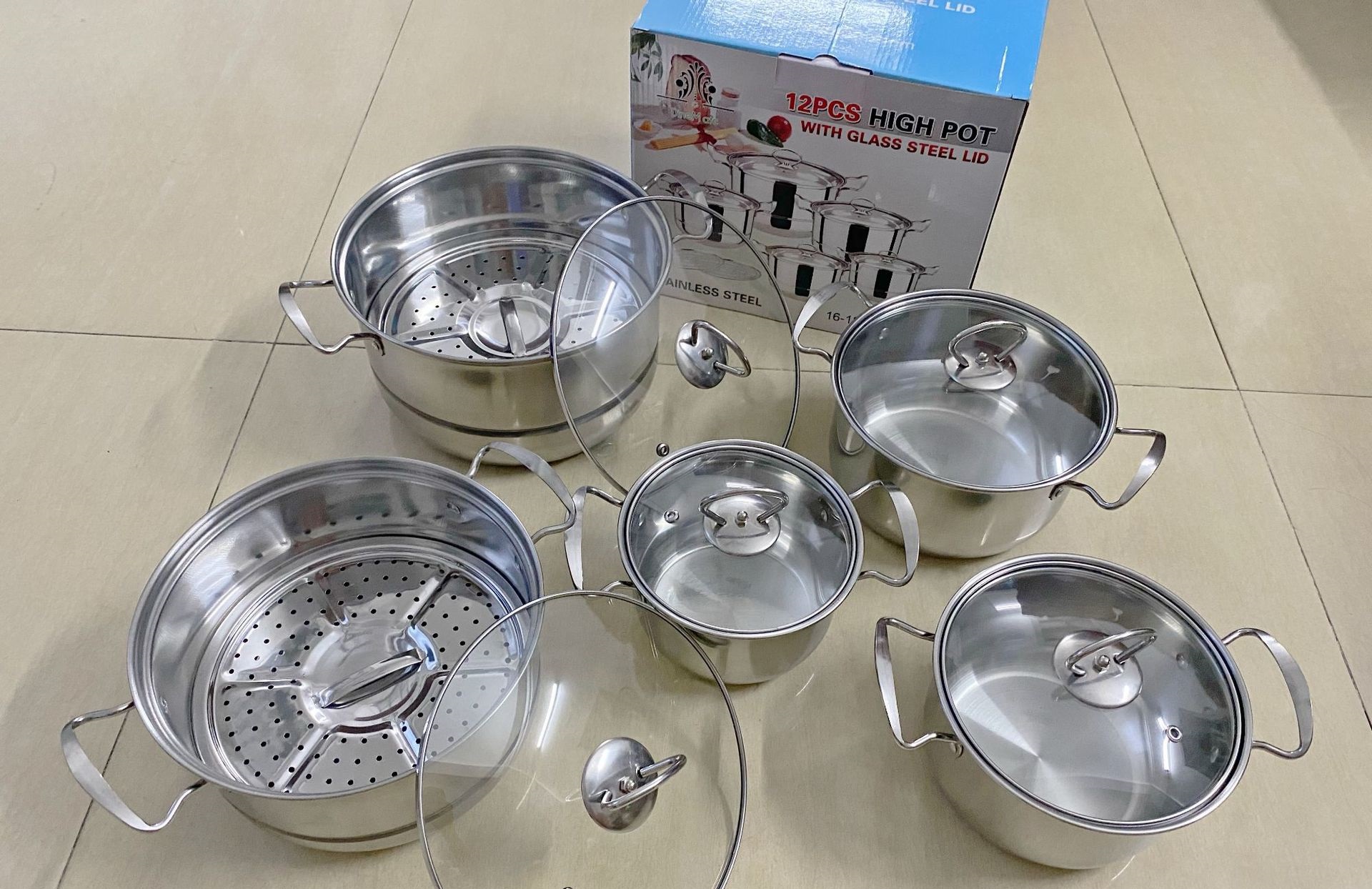 HW Stainless Steel 065MM Extra Thick 12 Pieces Set 16-18-20-22-24CM Pot Steamer Slice Sets Pots Lid Pan