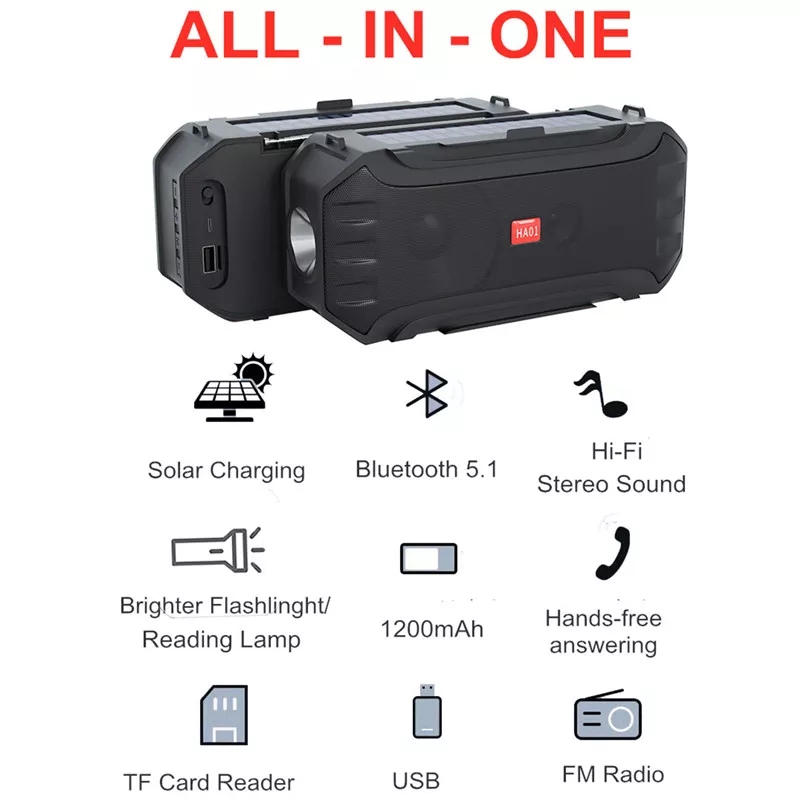 HW Solar Powered Portable Bluetooth Speaker Surrounded Stereo FM Radio LED Lighting Micophone Outdoor Wireless