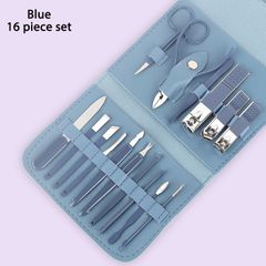 16 PCS/Set Nail Clippers Trimmers Ear Spoon Dead Skin Pliers Nail Cutting Stainless Steel Scissors Nail Beauty Manicure Tools Blue