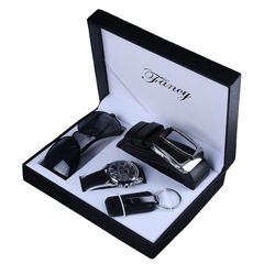 Creative holiday gift set men's belt glasses watch keychain four-piece gift box Black one size