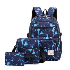 Casual three piece student backpack Square fashion printed backpack - blue Blue one size
