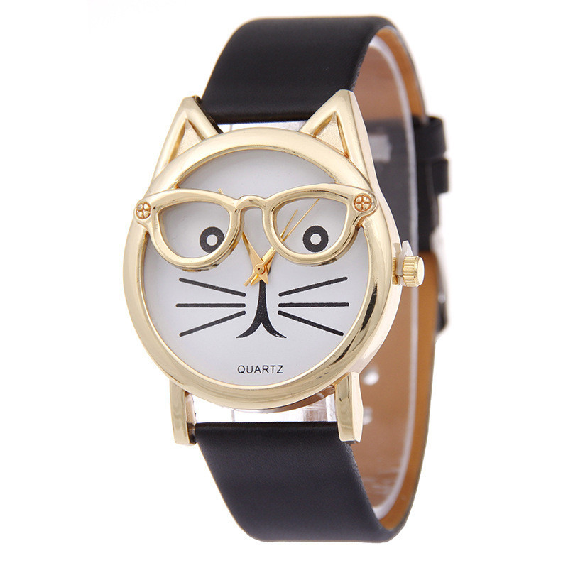 Women's Glasses Cat Watch Belt Watch Korean Version Small Fresh Quartz Decorative Watch Holiday Gift