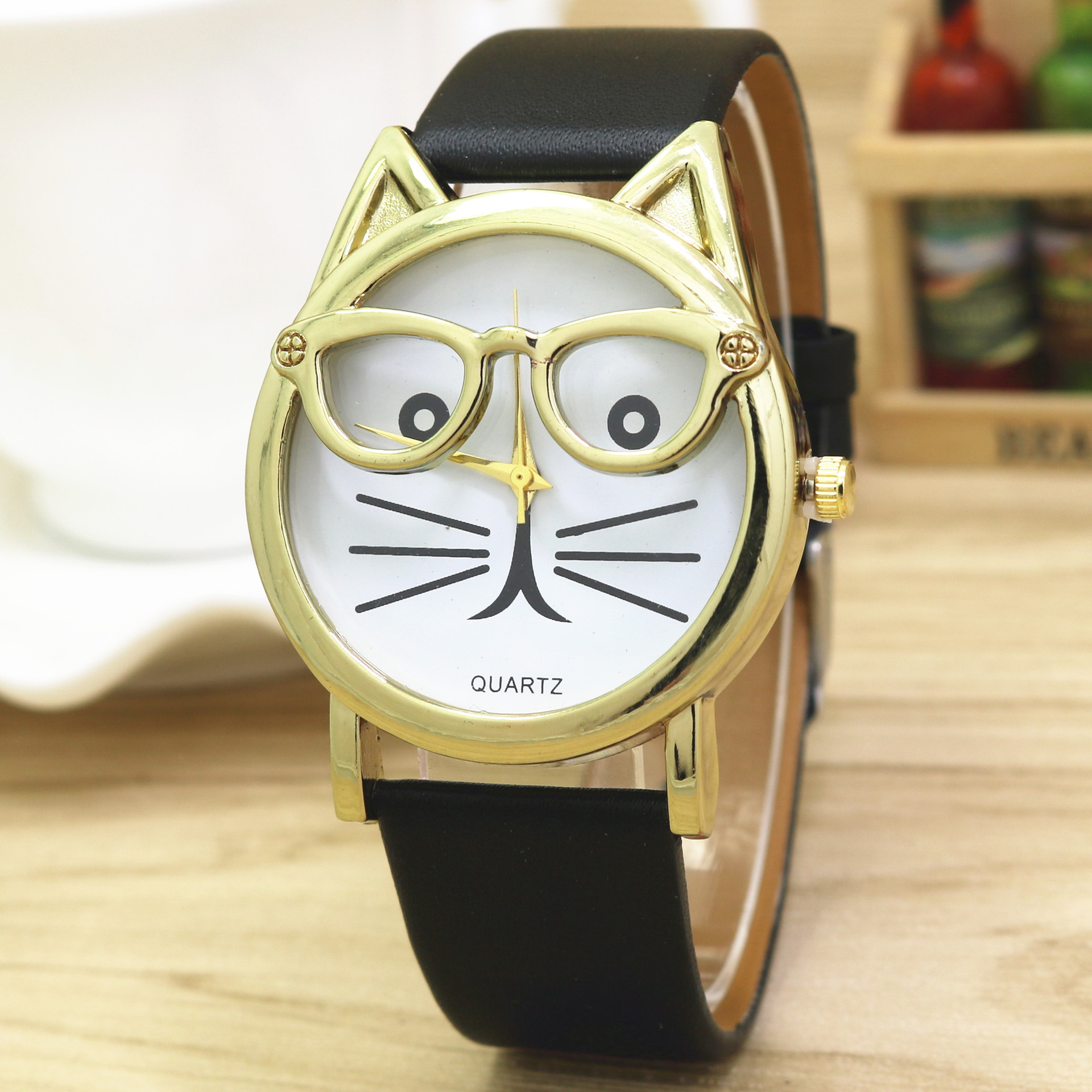 Women's Glasses Cat Watch Belt Watch Korean Version Small Fresh Quartz Decorative Watch Holiday Gift