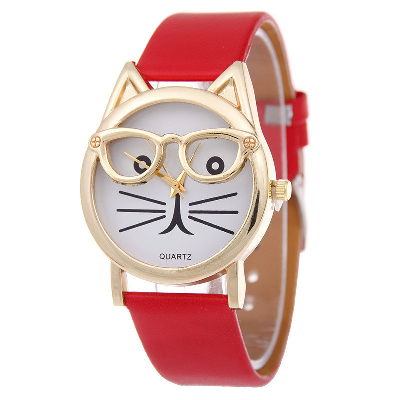 Women's Glasses Cat Watch Belt Watch Korean Version Small Fresh Quartz Decorative Watch Holiday Gift
