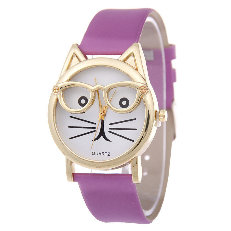 Women's Glasses Cat Watch Belt Watch Korean Version Small Fresh Quartz Decorative Watch Holiday Gift