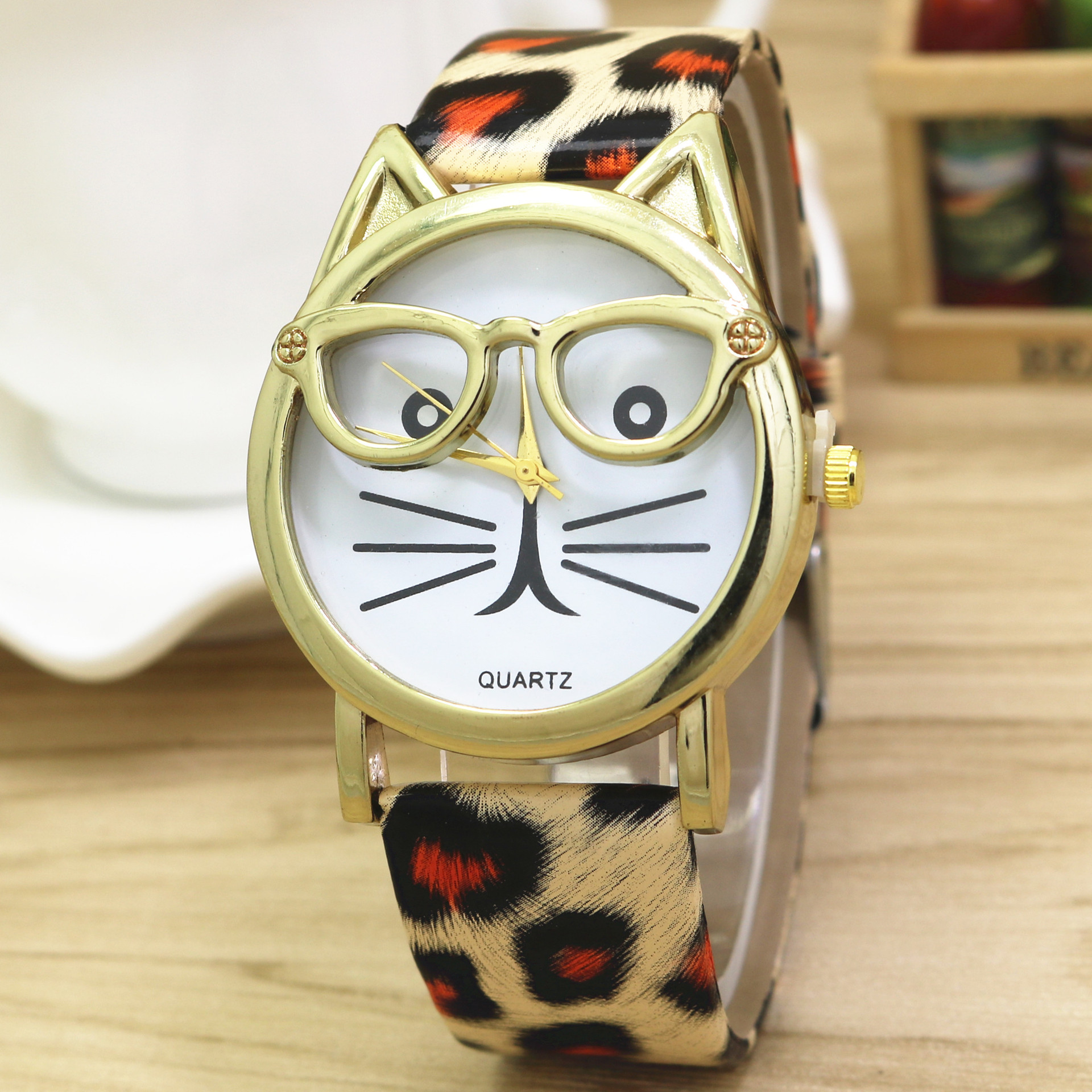 Women's Glasses Cat Watch Belt Watch Korean Version Small Fresh Quartz Decorative Watch Holiday Gift