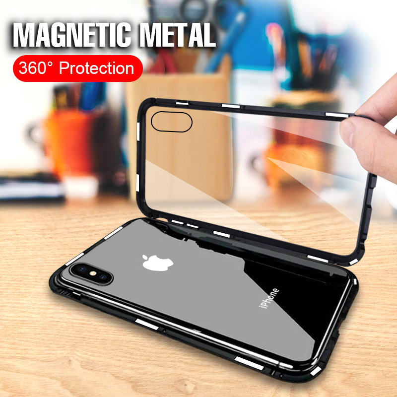 Luxury 360 Magnetic Metal Back Glass Case For iphone X XR XS Max 6 6s 7 8 Plus Shockproof Case