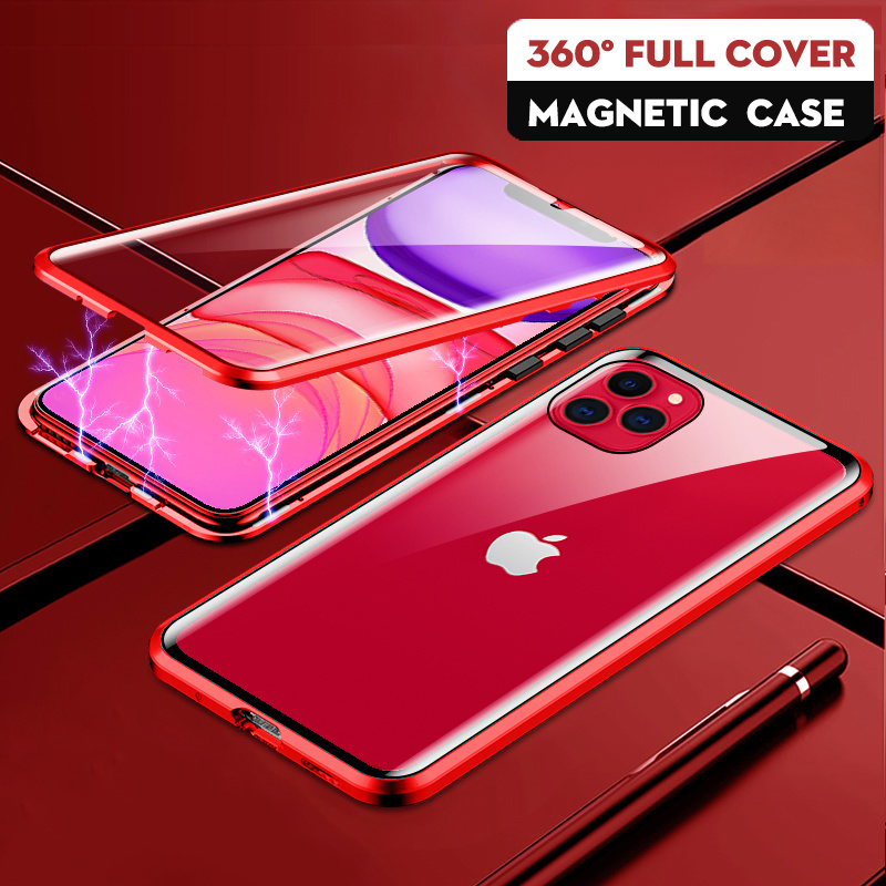 360 Metal Case Magnetic Shockproof Tempered Glass Cover For iPhone 11 / 11 Pro /11 Pro Max /X / XR