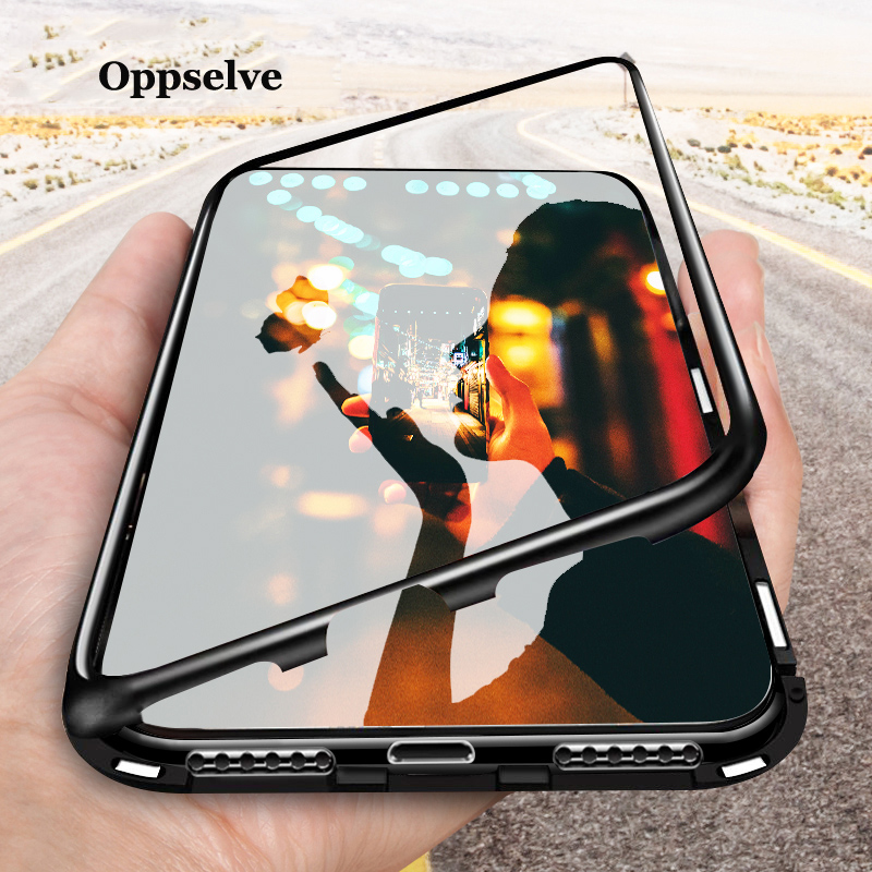 Luxury Magnetic Adsorption Phone Case For iPhone 11 Pro Max Metal Magnet Tempered Glass Flip Cover