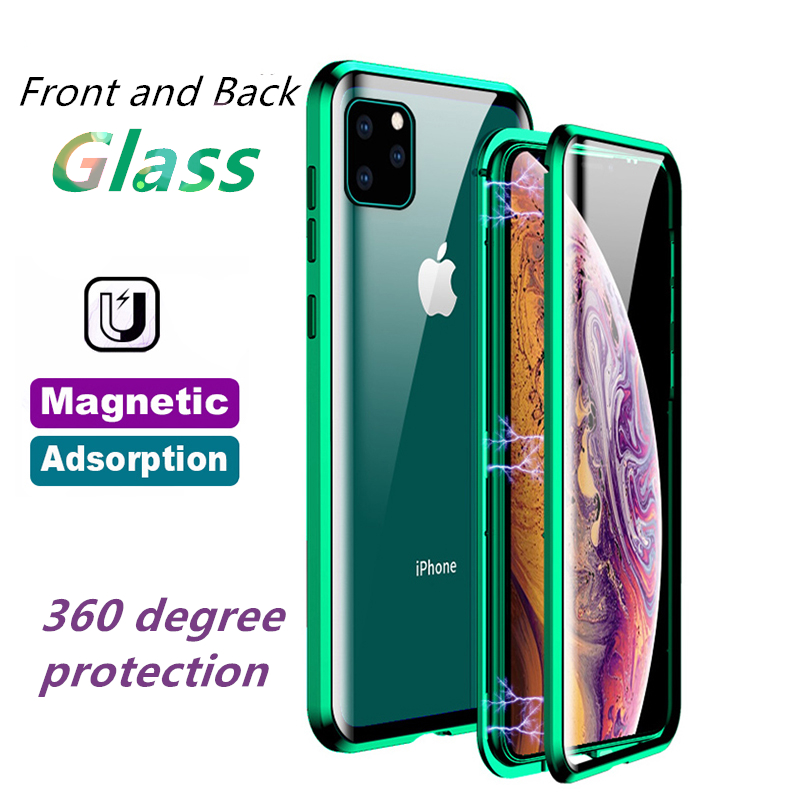 Double Side Tempered glass Cover for iphone 11 Pro MFront Back 360 Magnetic Adsorption Metal Case