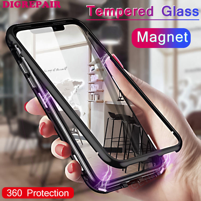 Metal Magnetic Case for iPhone 11 / 11 Pro / 6s 8 Plus X  XR XS MAX Tempered Glass Back Magnet Case
