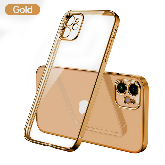 Luxury Plating Square Frame Silicone Transparent Case on For iPhone 11 12 13 Pro Max Mini X XR 7 8 Plus SE 2020 Clear Back Cover