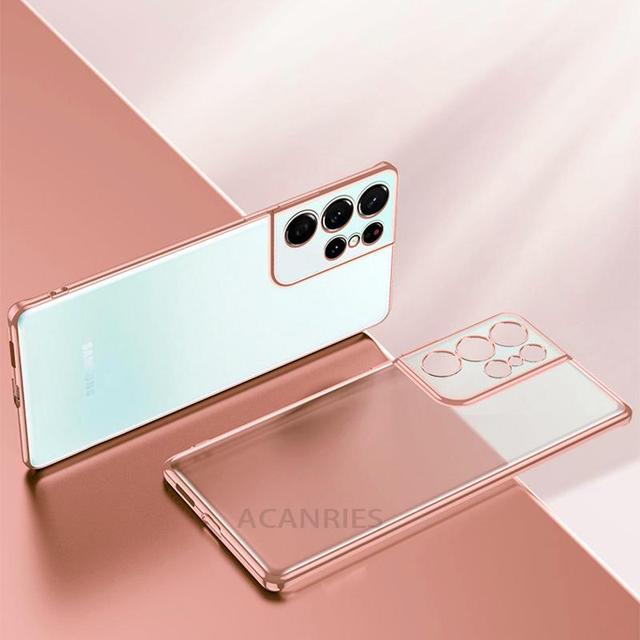 Luxury Gold Plating Phone Case For Samsung Galaxy S21 Ultra S20 Plus S22 S21 20 5g Camera Protect Transparent Silicone Cover