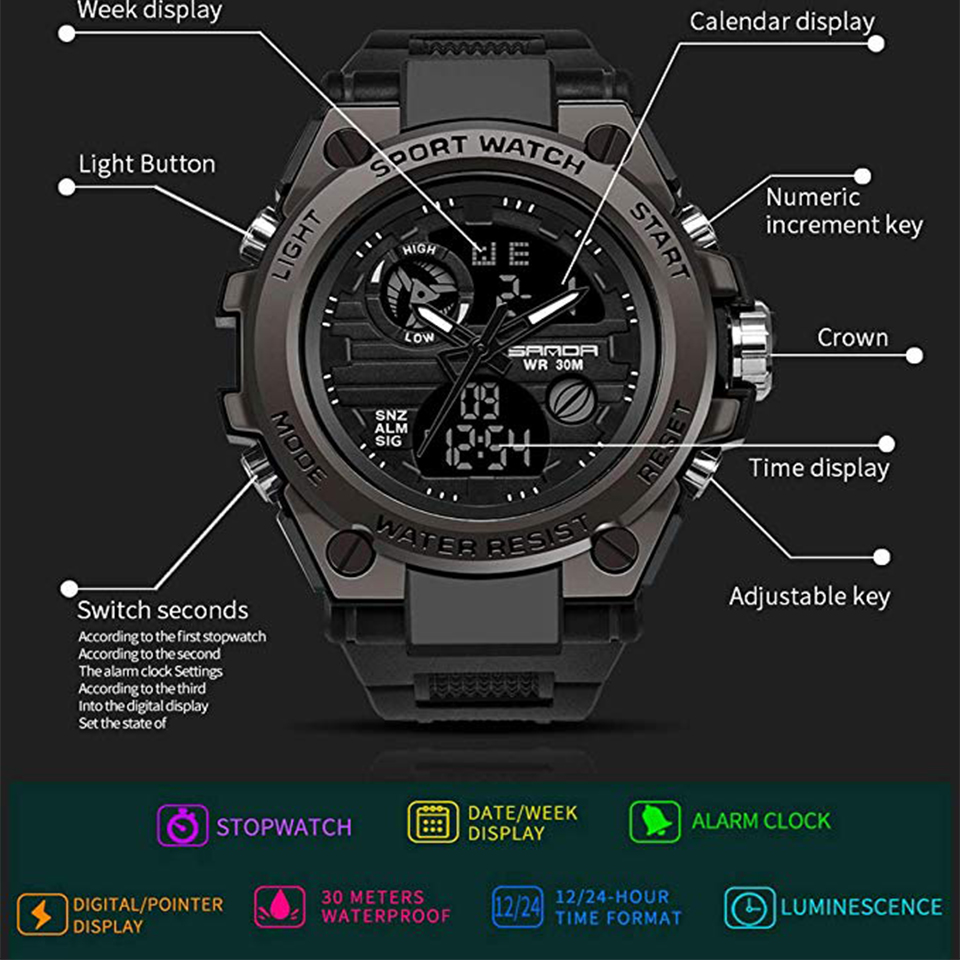 Military Watches Outdoor Sports Watches  LED Stopwatches Waterproof Digital Analog Watches