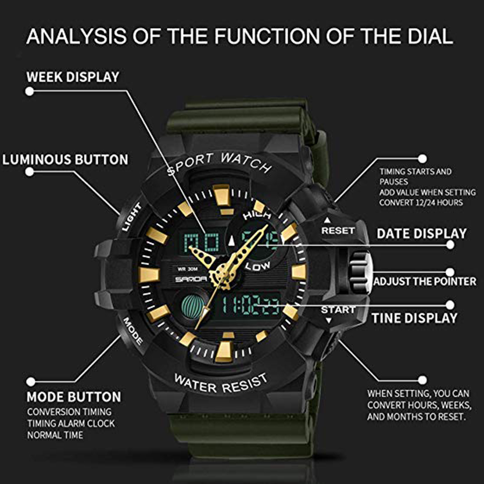 Military Analog Digital Wrist Watch Waterproof Tactical Watches LED Dual Display Alarm Chronograph