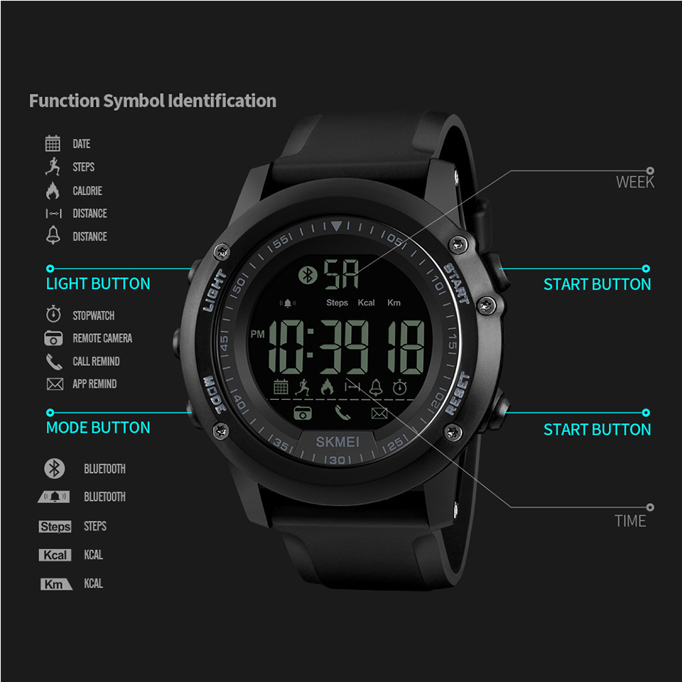 SKMEI Bluetooth Men Smart Sport Watch 5Bar Waterproof Men Digital Wristwatches Pedometer Calories