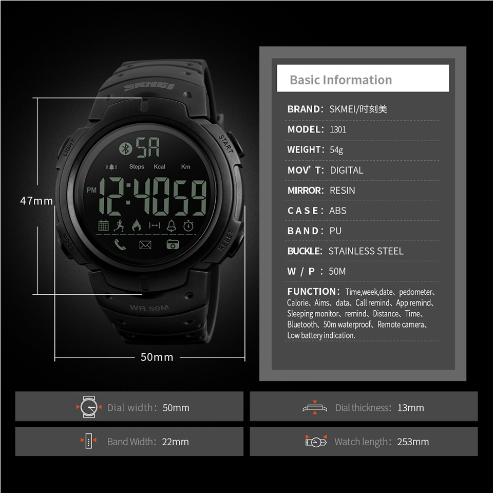 SKMEI  Smart  Watch Calories Pedometer Digital Reminder Watches Fitness Bluetooth For Ios