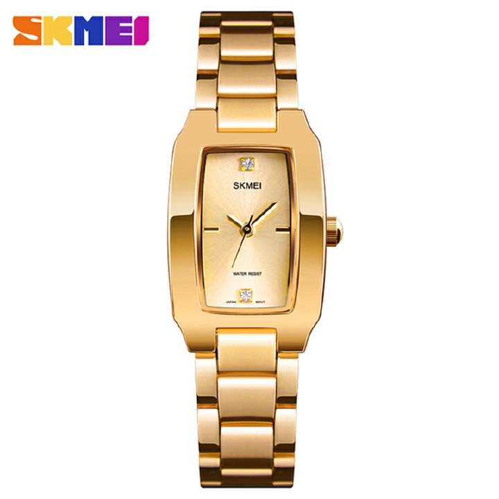 SKMEI Women Watch Rectangle Dial Elegant Quartz Japanese Lady Wristwatches Golden Stainless Steel Bracelet Watches