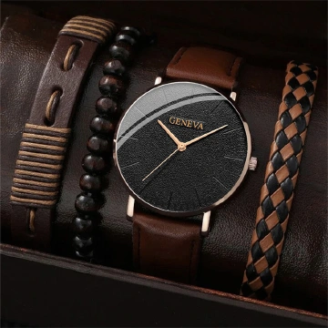 4PCS Set Fashion Mens Sports Watches Man Business Quartz Wristwatch Luxury Brown Leather Bracelet Men Casual Clock WatchBrown