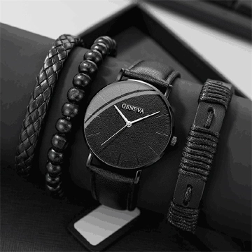 4PCS Set Fashion Mens Sports Watches Man Business Quartz Wristwatch Luxury Brown Leather Bracelet Men Casual Clock WatchBlack