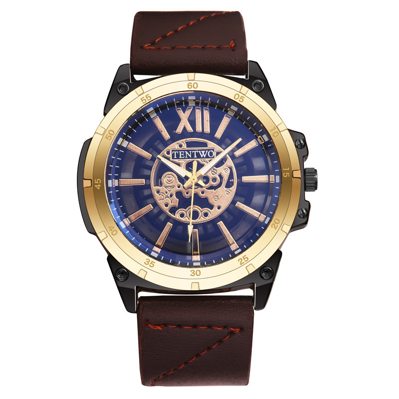 Men's Business quartz Watch Hollow out Large Dial Fashion personality trend belt Man wrist watch BrownBrown