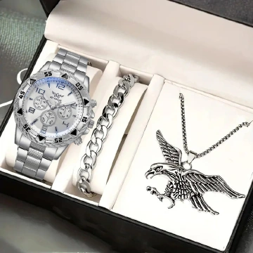 3-Piece Stainless Steel Strap Large Dial Men's Quartz Watch Necklace Bracelet Gift Pendant Chain Silver White