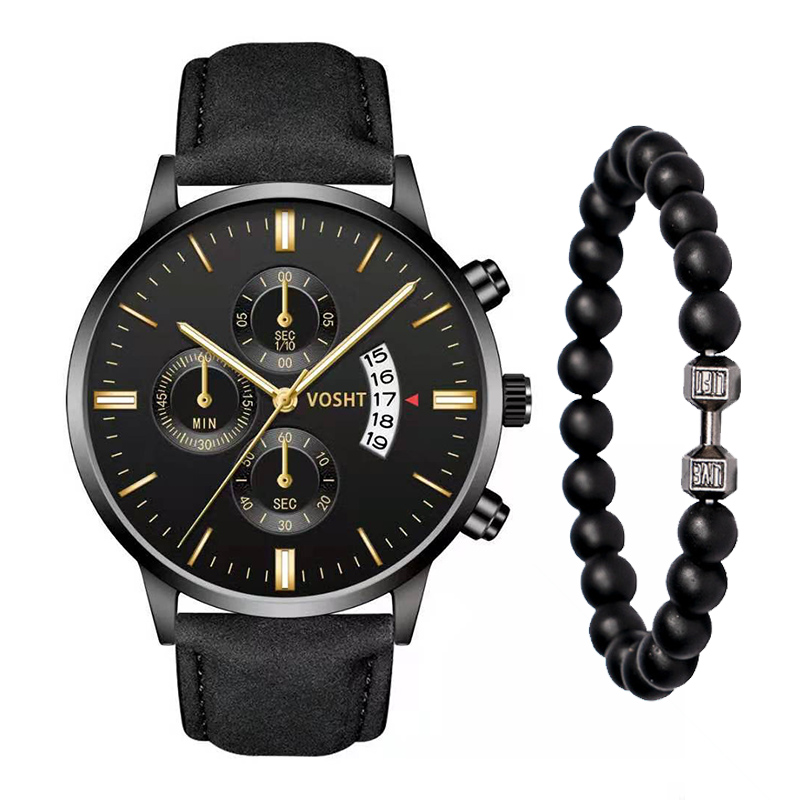 2PCS Men'sFashion Classic Mens Watches Versatile Trend Business Calendar Belt Quartz Watch Alloy Bracelet