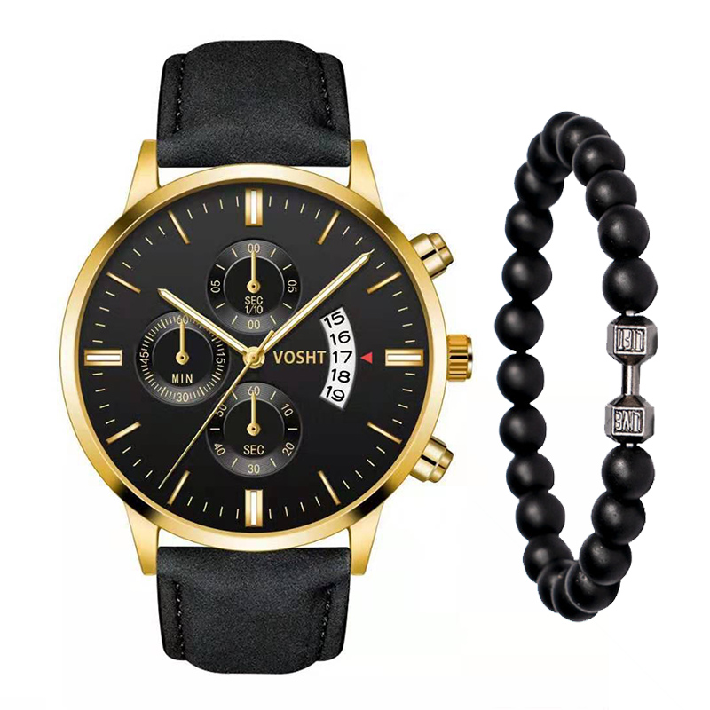 2PCS Men'sFashion Classic Mens Watches Versatile Trend Business Calendar Belt Quartz Watch Alloy Bracelet