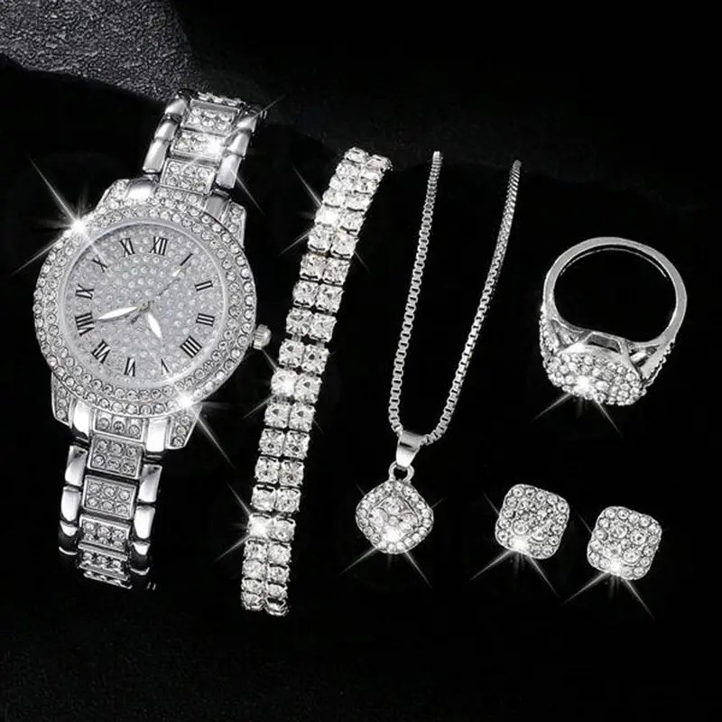 Women's Diamond Watch Ring Necklace Earrings Bracelet Set Fashion Wristwatch Female Casual Ladies Quartz Watches Jewelry Set Silver