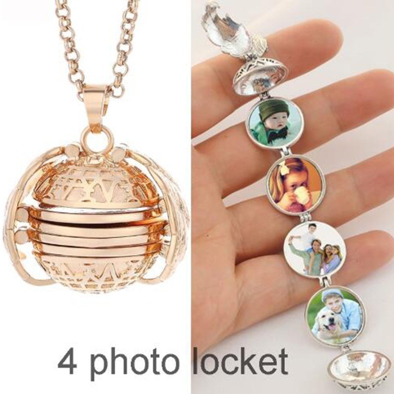 Fashion Expanding photo Locket Necklace Ball Locket Wing Design With long chain 4 Slots Pictureframe