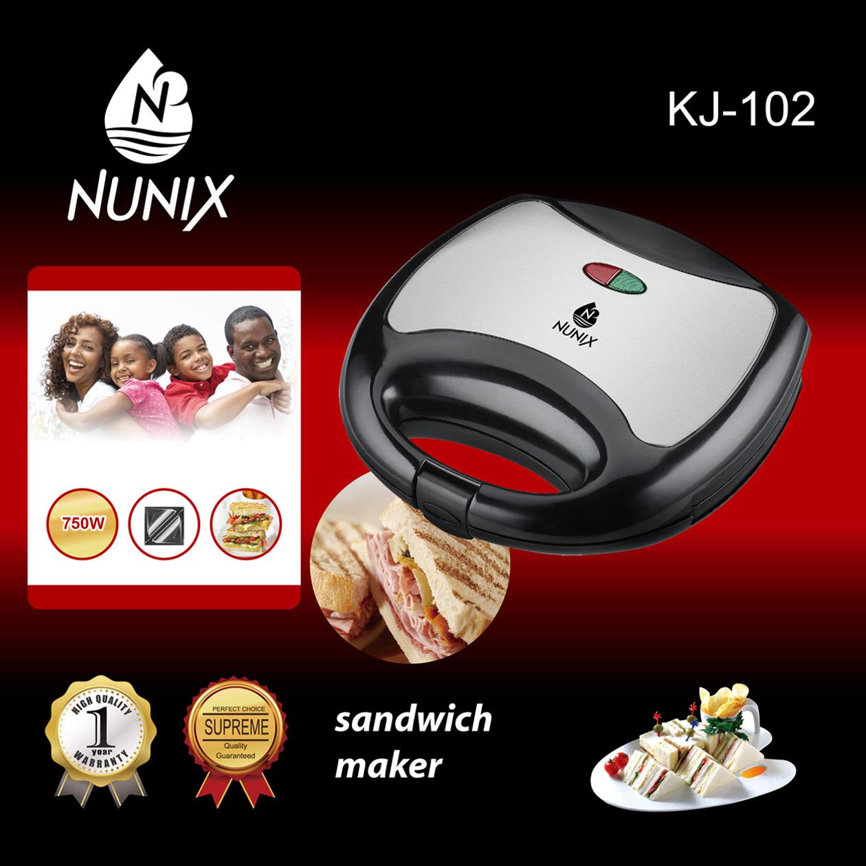 Nunix KJ-102 - Sandwich Maker-Non stick cooking plates for easy cleaning  1 Year Warranty