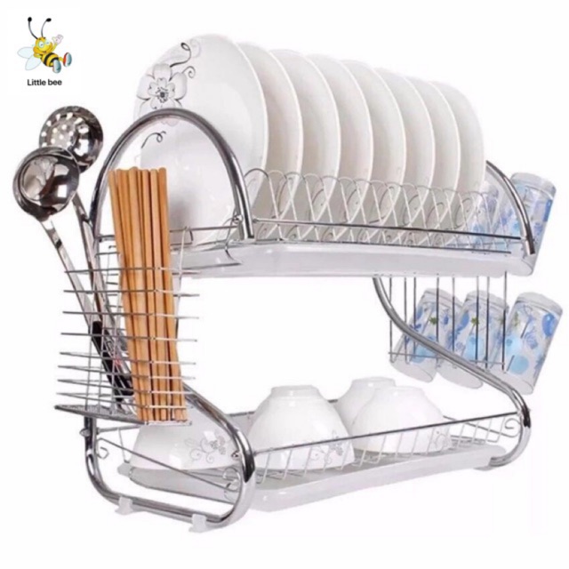 Dish Rack 2 Tier, Stainless Steel, INCLUDES Cutlery Holder and Drain Board For Quick Utensils Drying