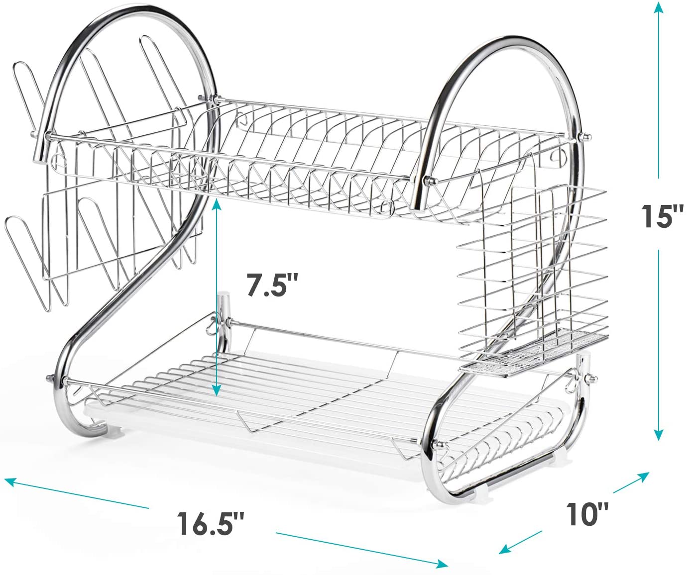 Dish Rack 2 Tier, Stainless Steel, INCLUDES Cutlery Holder and Drain Board For Quick Utensils Drying