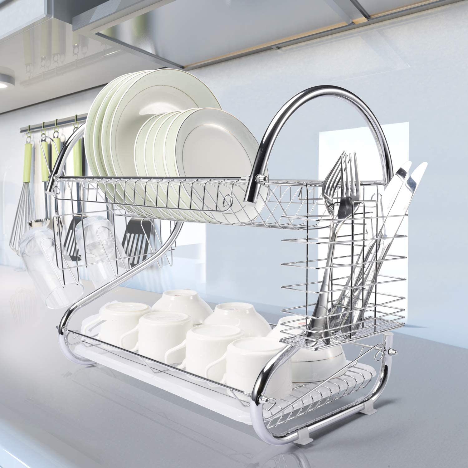 Dish Rack 2 Tier, Stainless Steel, INCLUDES Cutlery Holder and Drain Board For Quick Utensils Drying